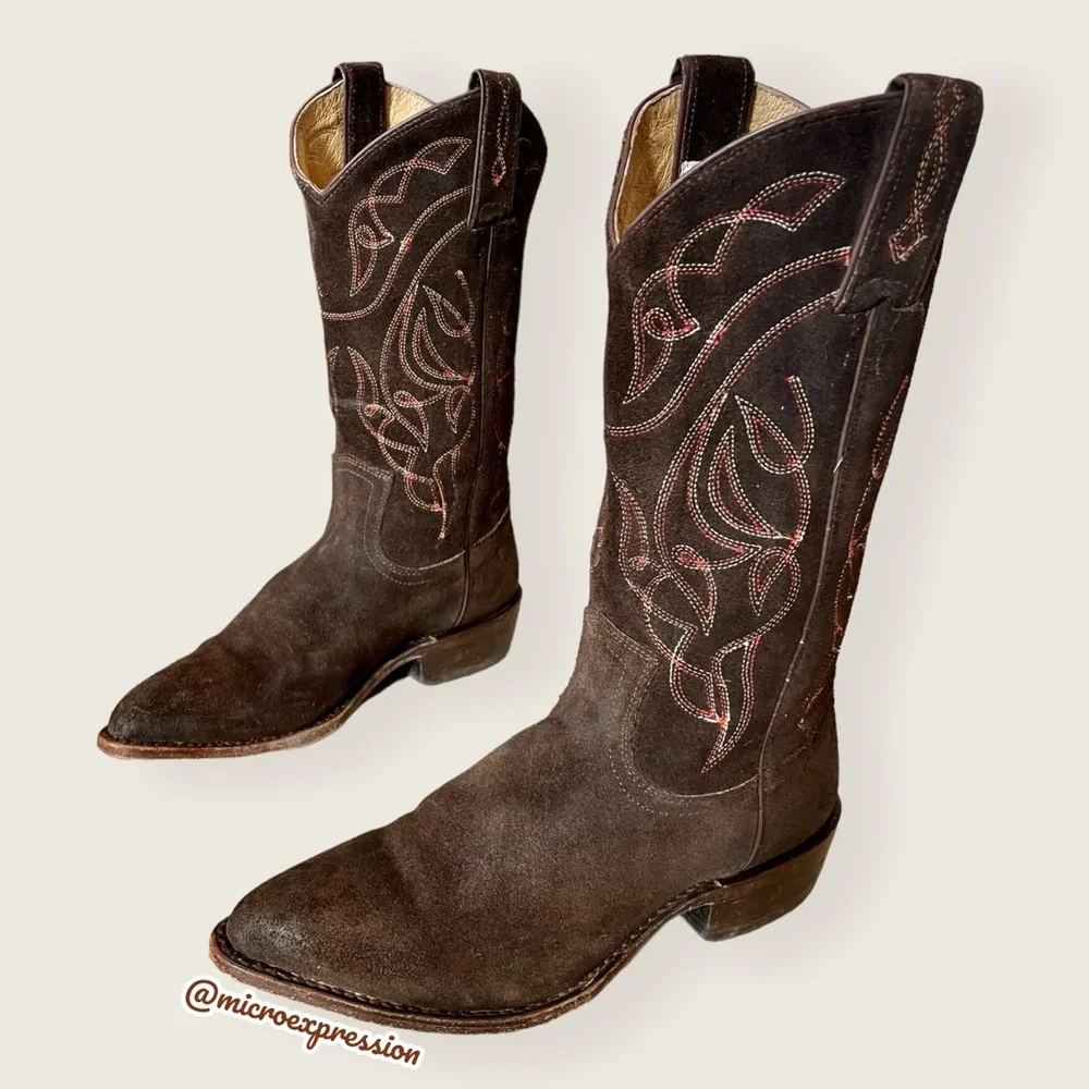 Frye Billy Vintage Brown Suede Embroidered Pull-On Cowgirl Pointed Toe Cute Boot - Picture 12 of 13